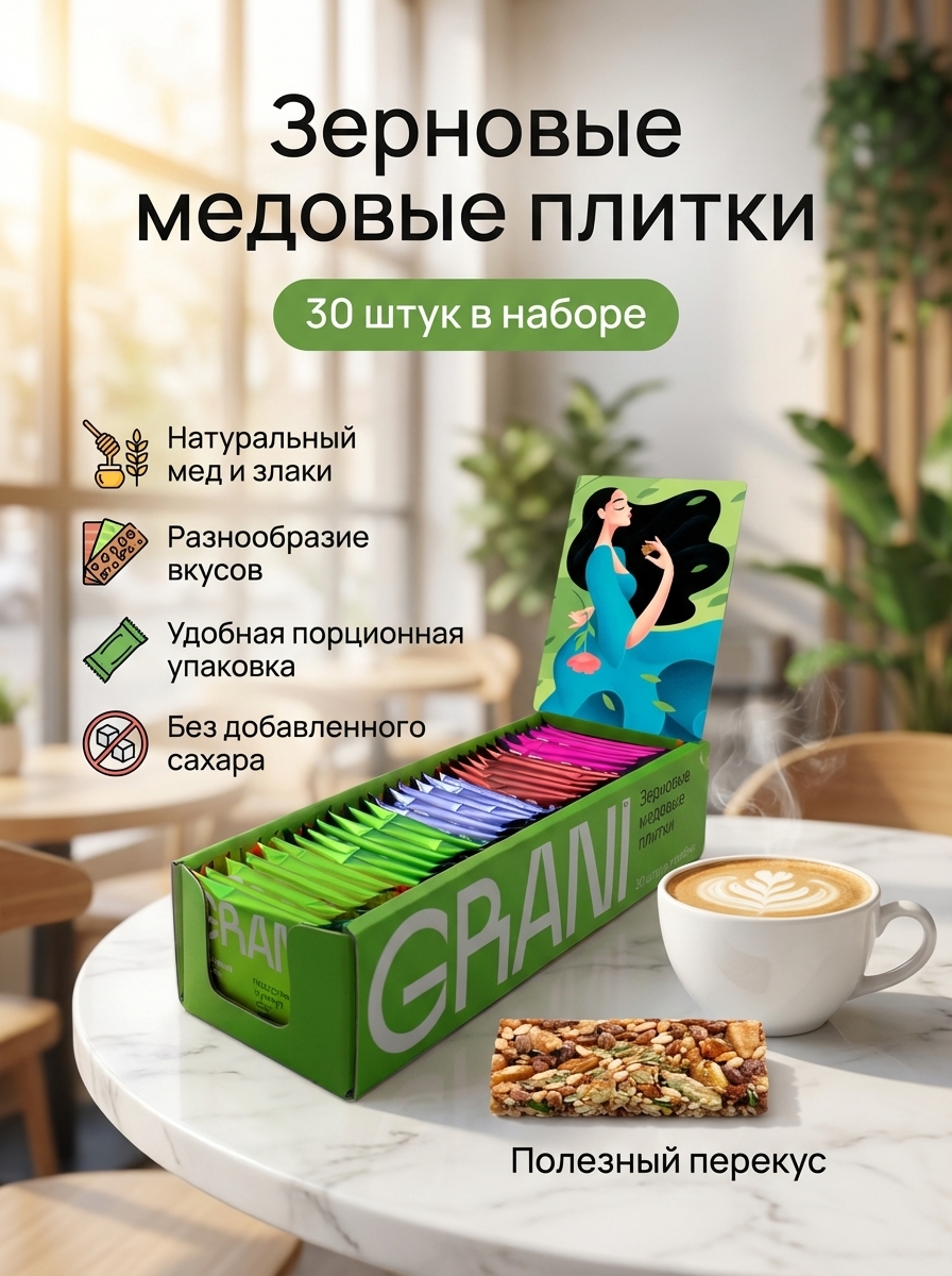 Карточка зерновых медовых плиток после: состав, количество и формат